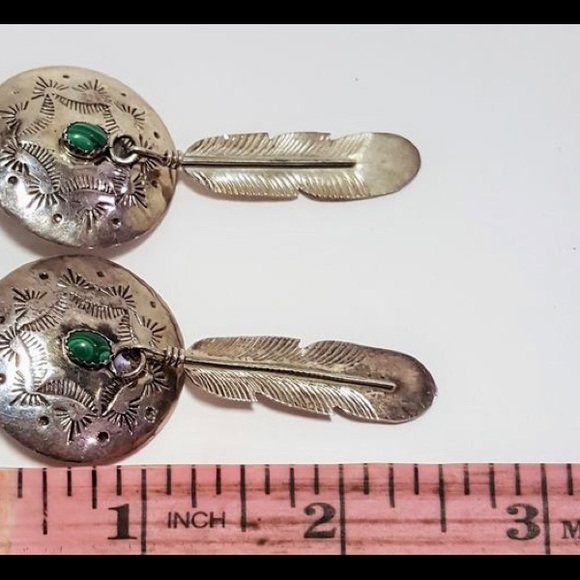 sterling silver concho earrings with malachite stones and feather dangles - Picture 2 of 4